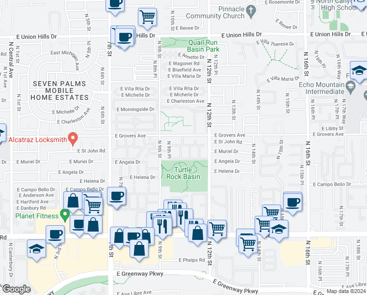 map of restaurants, bars, coffee shops, grocery stores, and more near 175 North 10th Street in Phoenix