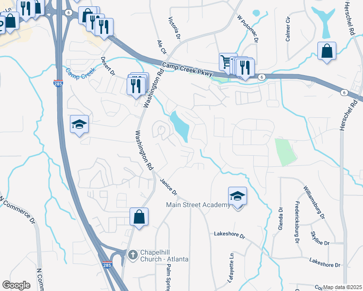 map of restaurants, bars, coffee shops, grocery stores, and more near Pelot Drive in College Park