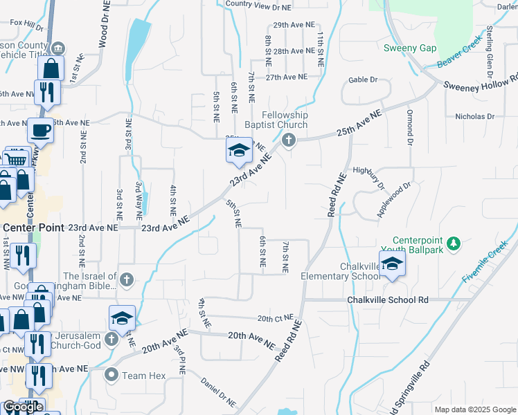map of restaurants, bars, coffee shops, grocery stores, and more near 517 22nd Lane Northeast in Center Point