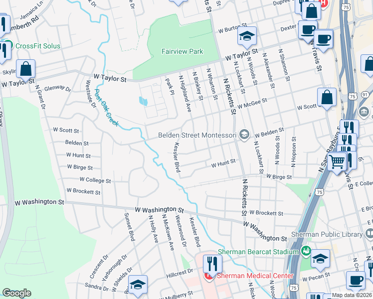 map of restaurants, bars, coffee shops, grocery stores, and more near 1011 West Belden Street in Sherman