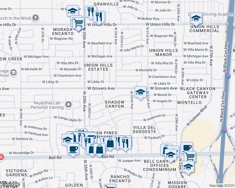 map of restaurants, bars, coffee shops, grocery stores, and more near 3243 West Muriel Drive in Phoenix