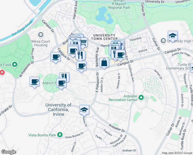 map of restaurants, bars, coffee shops, grocery stores, and more near 403 East Peltason Drive in Irvine