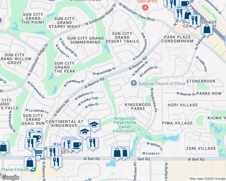 map of restaurants, bars, coffee shops, grocery stores, and more near 15042 West Eureka Trail in Surprise