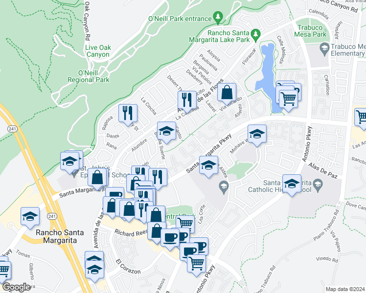 map of restaurants, bars, coffee shops, grocery stores, and more near 12 Cardinal in Rancho Santa Margarita