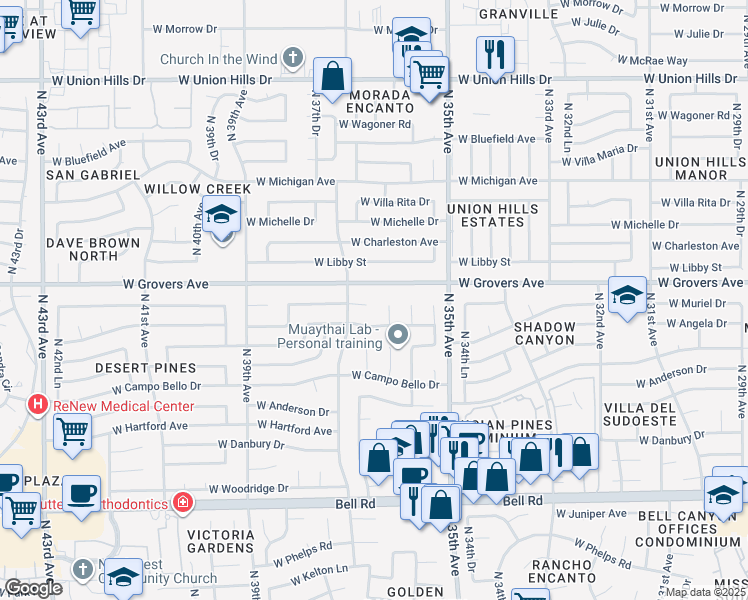 map of restaurants, bars, coffee shops, grocery stores, and more near 17637 North 36th Drive in Glendale