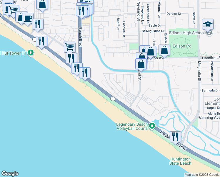 map of restaurants, bars, coffee shops, grocery stores, and more near 21752 Pacific Coast Highway in Huntington Beach