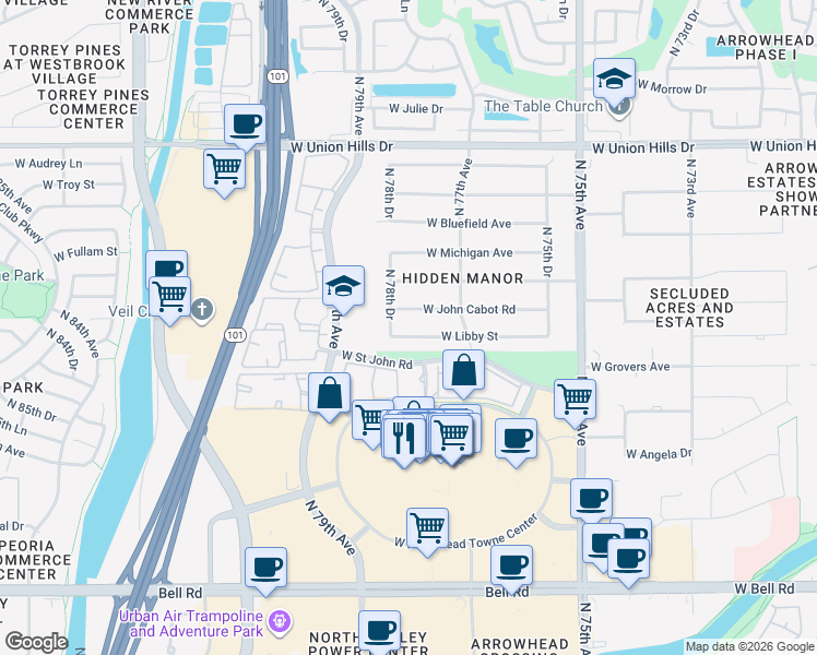 map of restaurants, bars, coffee shops, grocery stores, and more near 7752 West Libby Street in Glendale