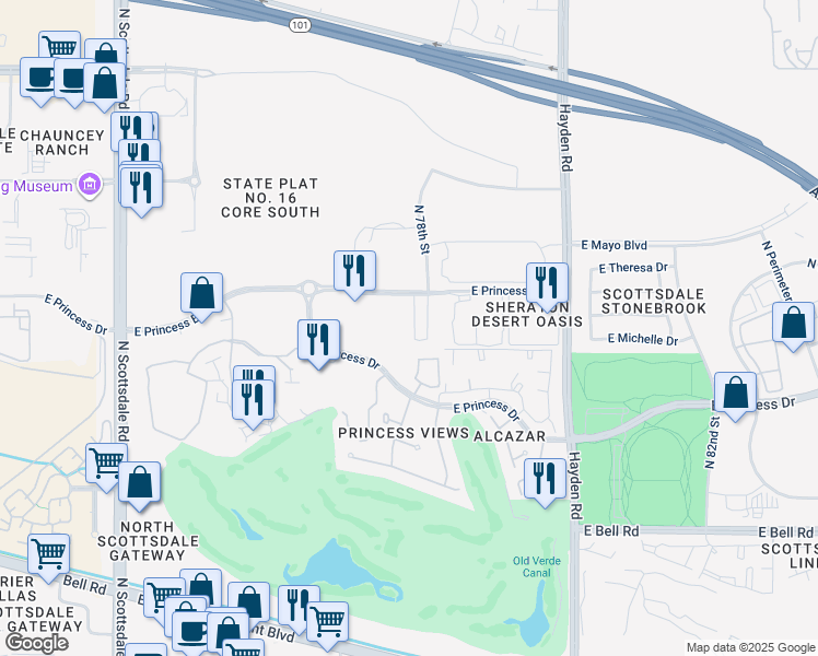 map of restaurants, bars, coffee shops, grocery stores, and more near 17628 North 77th Way in Scottsdale