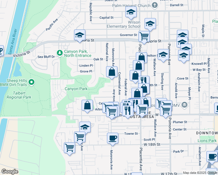 map of restaurants, bars, coffee shops, grocery stores, and more near 913 West 20th Street in Costa Mesa