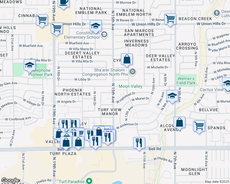 map of restaurants, bars, coffee shops, grocery stores, and more near 17620 North 14th Avenue in Phoenix