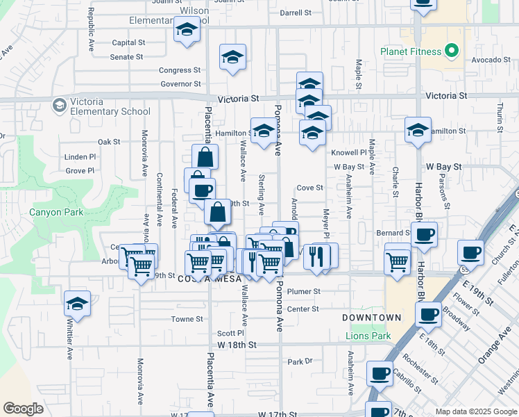 map of restaurants, bars, coffee shops, grocery stores, and more near 725 West 20th Street in Costa Mesa