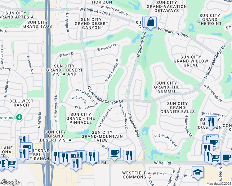 map of restaurants, bars, coffee shops, grocery stores, and more near 17890 North Saddle Ridge Drive in Surprise