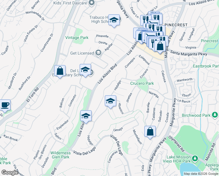 map of restaurants, bars, coffee shops, grocery stores, and more near 21756 Mirador in Mission Viejo
