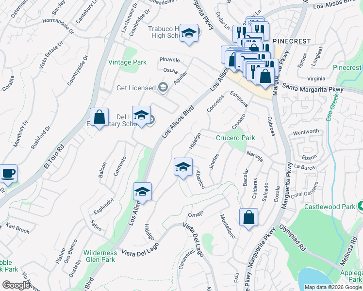 map of restaurants, bars, coffee shops, grocery stores, and more near 21766 Mirador in Mission Viejo