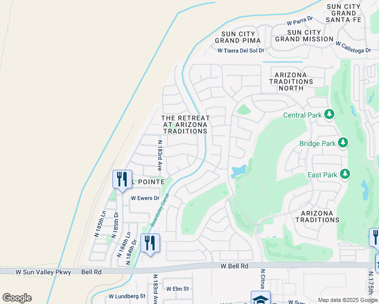 map of restaurants, bars, coffee shops, grocery stores, and more near 18194 West Continental Parkway in Surprise