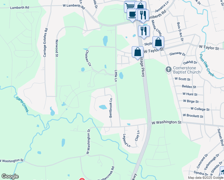 map of restaurants, bars, coffee shops, grocery stores, and more near 1111 Bentbrook Lane in Sherman