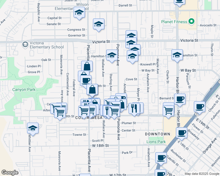 map of restaurants, bars, coffee shops, grocery stores, and more near 725 West 20th Street in Costa Mesa