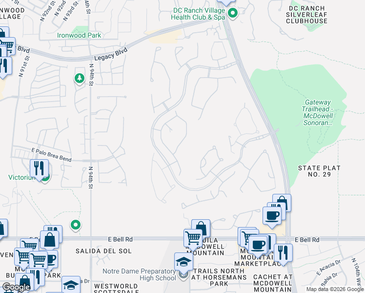 map of restaurants, bars, coffee shops, grocery stores, and more near 17735 North 97th Way in Scottsdale