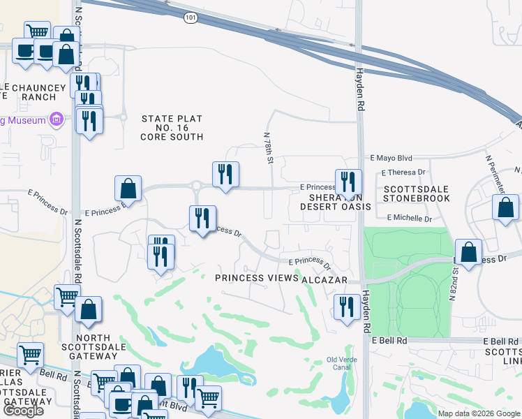 map of restaurants, bars, coffee shops, grocery stores, and more near 17628 North 77th Way in Scottsdale
