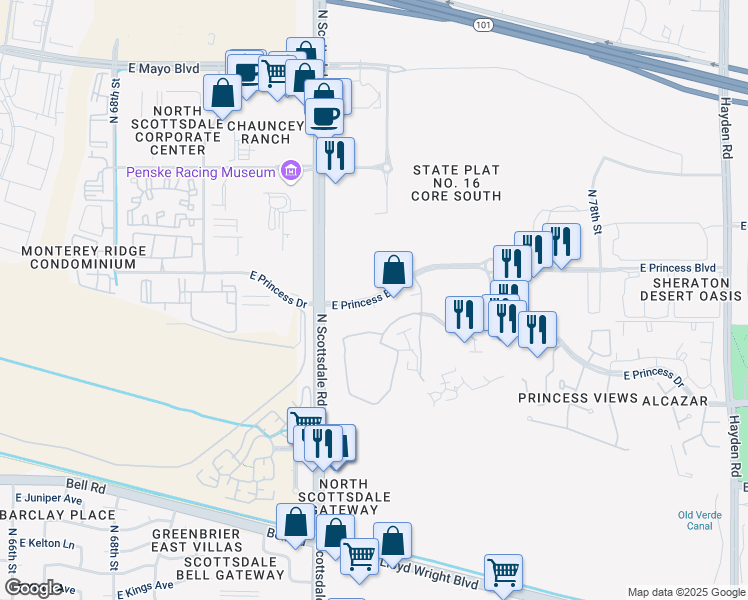 map of restaurants, bars, coffee shops, grocery stores, and more near 7221 East Princess Drive in Scottsdale