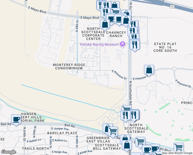 map of restaurants, bars, coffee shops, grocery stores, and more near 6975 East Princess Drive in Phoenix