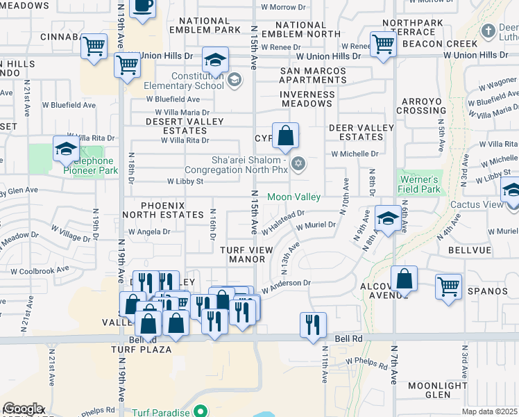 map of restaurants, bars, coffee shops, grocery stores, and more near 17620 North 14th Avenue in Phoenix