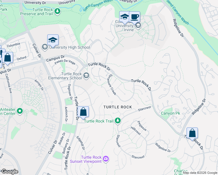 map of restaurants, bars, coffee shops, grocery stores, and more near 12 Sycamore Creek in Irvine