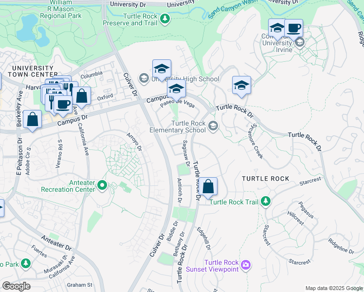 map of restaurants, bars, coffee shops, grocery stores, and more near 18802 Saginaw Drive in Irvine