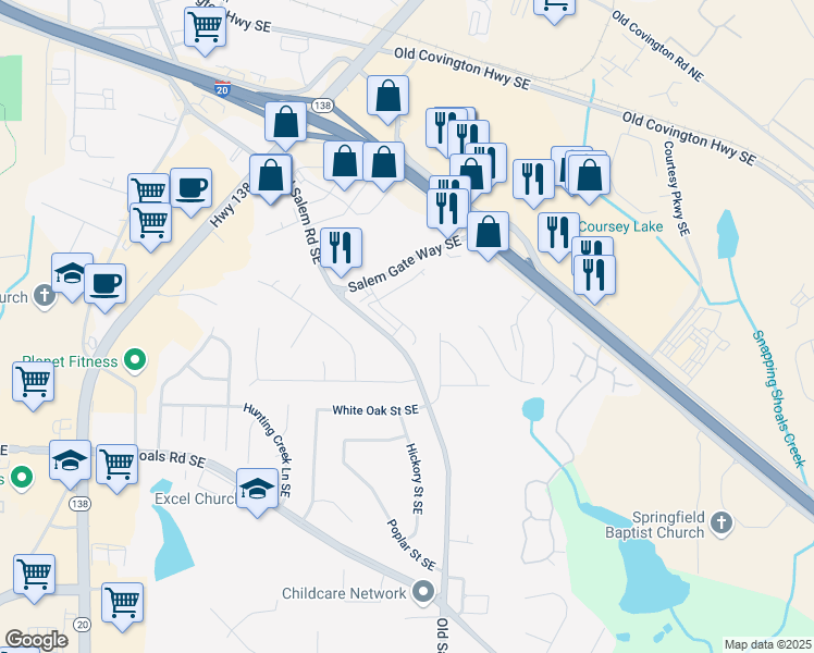 map of restaurants, bars, coffee shops, grocery stores, and more near 1589 Aiden Way in Rockdale County