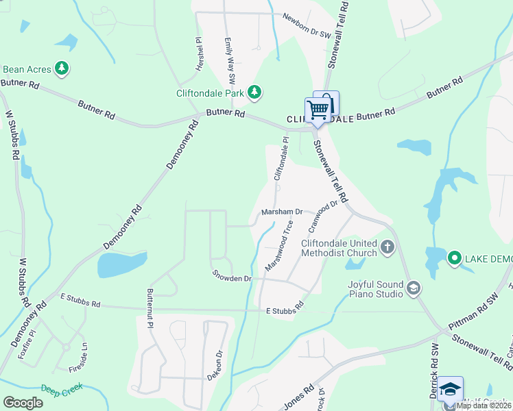 map of restaurants, bars, coffee shops, grocery stores, and more near 6530 Marsham Drive in Atlanta