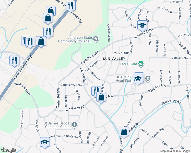 map of restaurants, bars, coffee shops, grocery stores, and more near 2337 Carson Road in Birmingham