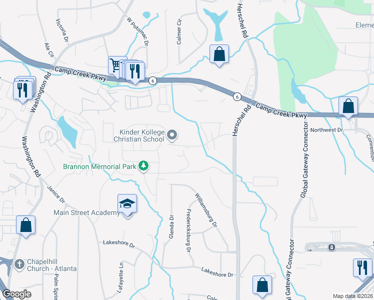 map of restaurants, bars, coffee shops, grocery stores, and more near 2678 Charlestown Drive in Atlanta