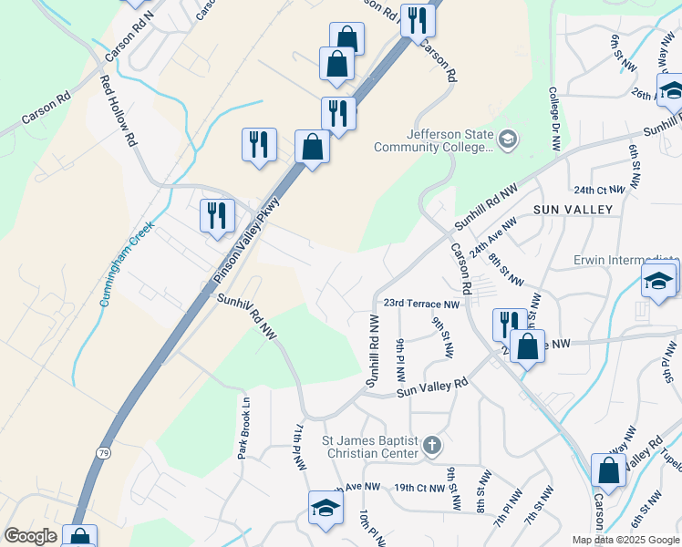 map of restaurants, bars, coffee shops, grocery stores, and more near 1045 Alicia Drive in Birmingham