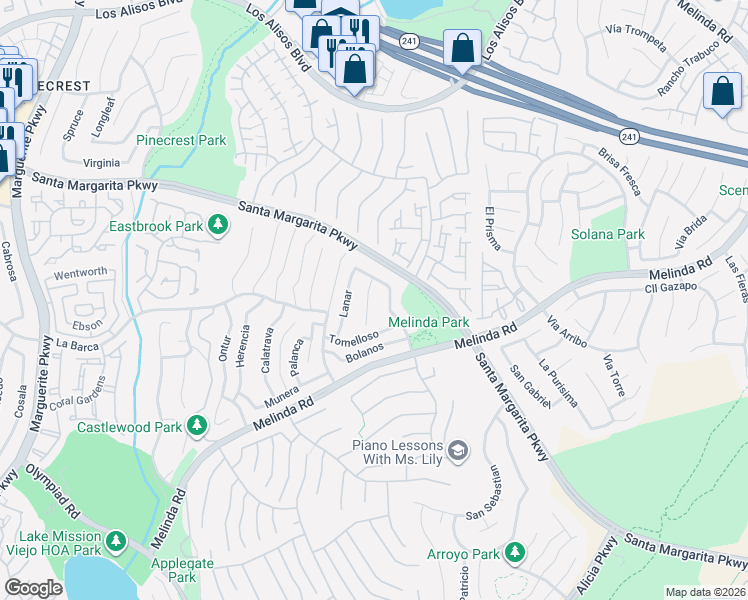 map of restaurants, bars, coffee shops, grocery stores, and more near 21761 Santa Pola in Mission Viejo