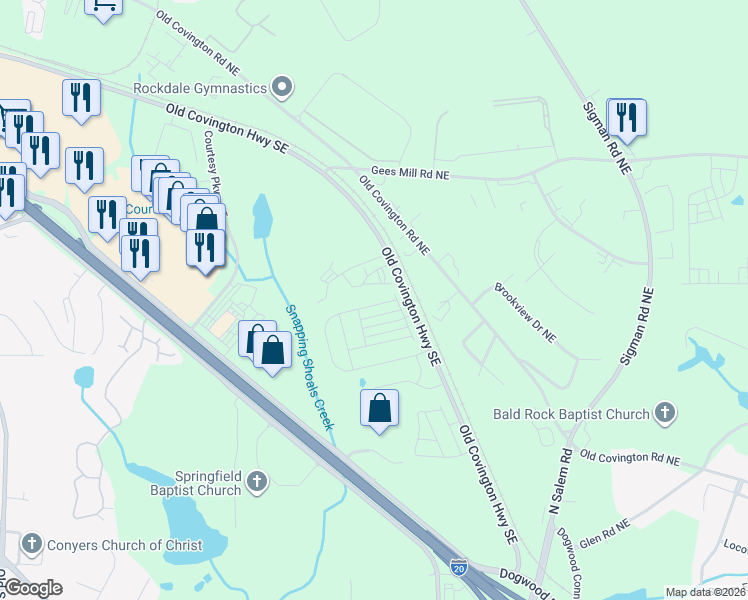 map of restaurants, bars, coffee shops, grocery stores, and more near 1959 Old Covington Highway Southeast in Conyers