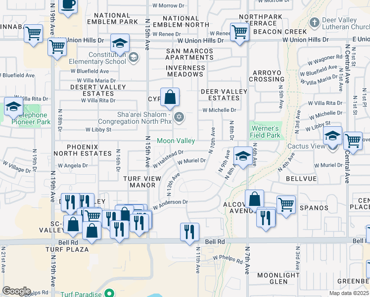 map of restaurants, bars, coffee shops, grocery stores, and more near 1126 West Halstead Drive in Phoenix