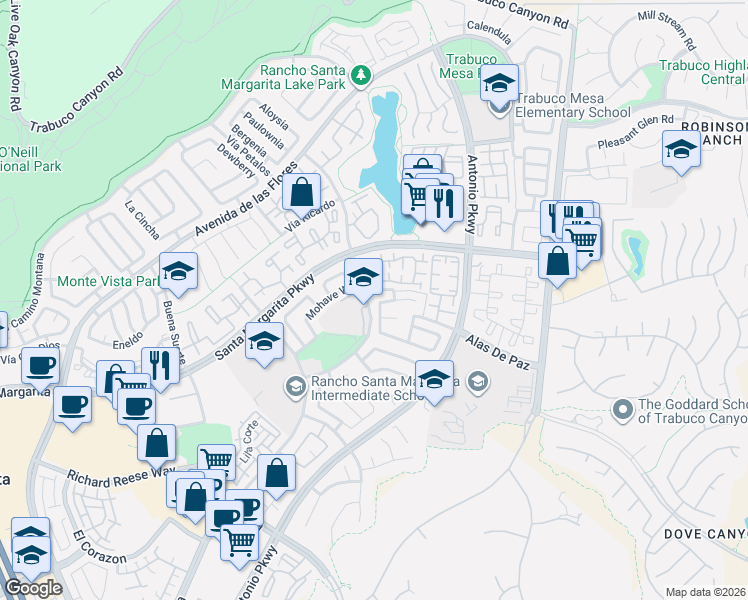 map of restaurants, bars, coffee shops, grocery stores, and more near 1 Calle Estribo in Rancho Santa Margarita