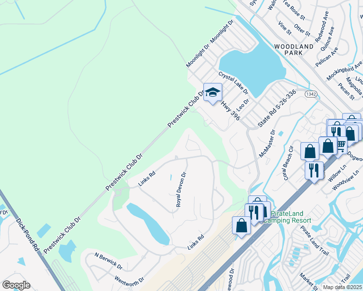 map of restaurants, bars, coffee shops, grocery stores, and more near 1458 Highland Circle in Surfside Beach