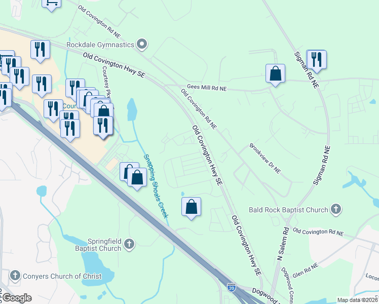 map of restaurants, bars, coffee shops, grocery stores, and more near 1959 Old Covington Highway Southeast in Conyers