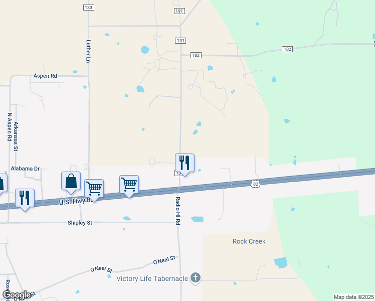 map of restaurants, bars, coffee shops, grocery stores, and more near 192 County Road 131 in Gainesville