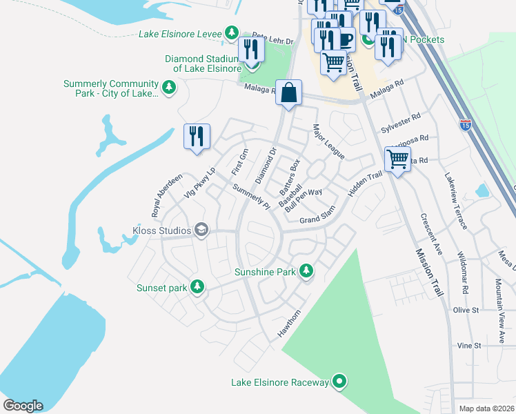 map of restaurants, bars, coffee shops, grocery stores, and more near 29349 Summerly Place in Lake Elsinore