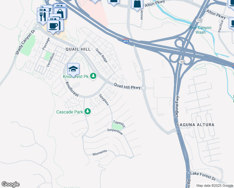 map of restaurants, bars, coffee shops, grocery stores, and more near 351 Tall Oak in Irvine