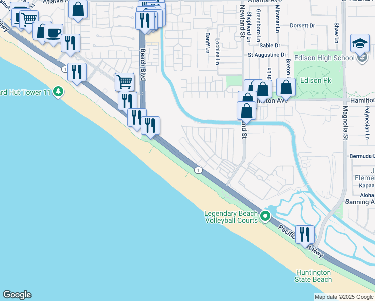 map of restaurants, bars, coffee shops, grocery stores, and more near 21752 Pacific Coast Highway in Huntington Beach