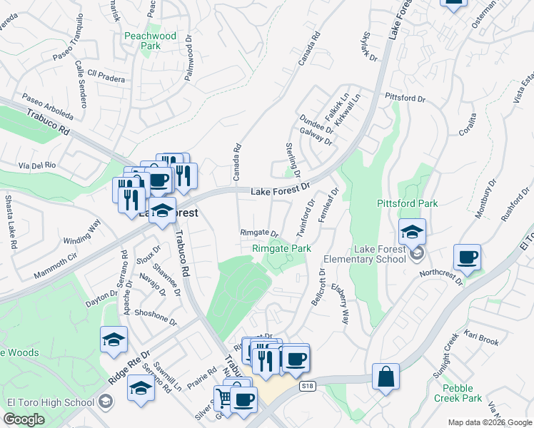 map of restaurants, bars, coffee shops, grocery stores, and more near 21741 Queensbury Drive in Lake Forest