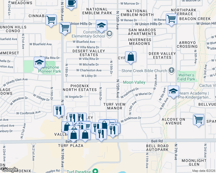 map of restaurants, bars, coffee shops, grocery stores, and more near 17638 North 16th Avenue in Phoenix
