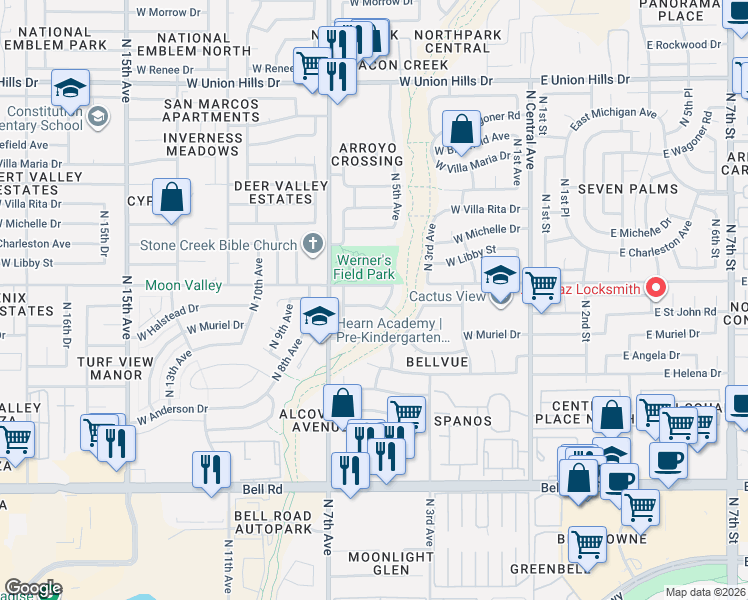 map of restaurants, bars, coffee shops, grocery stores, and more near 525 West Saint John Road in Phoenix