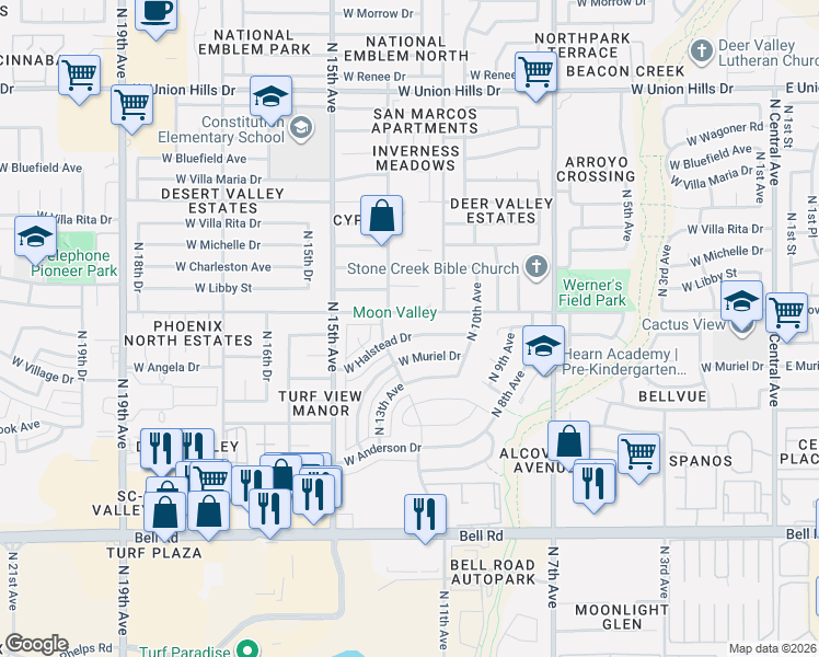 map of restaurants, bars, coffee shops, grocery stores, and more near 1219 West Halstead Drive in Phoenix