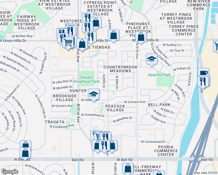 map of restaurants, bars, coffee shops, grocery stores, and more near 17959 North 89th Drive in Peoria
