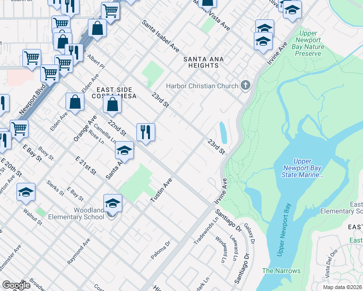 map of restaurants, bars, coffee shops, grocery stores, and more near 393 Vista Baya in Newport Beach