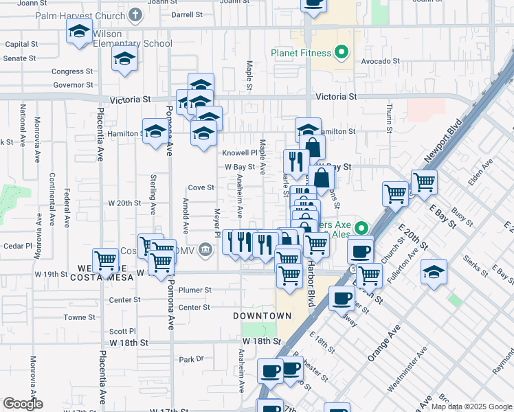 map of restaurants, bars, coffee shops, grocery stores, and more near 1987 Maple Avenue in Costa Mesa